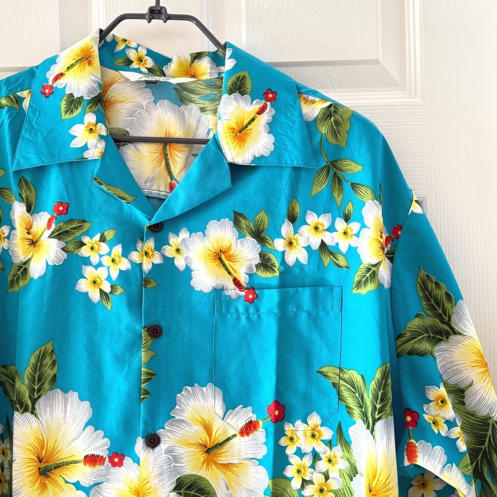Alvish Mens Hawaiian Shirt 2XL Turquoise Blue‎ Hibiscus Floral Tropical Camp Top